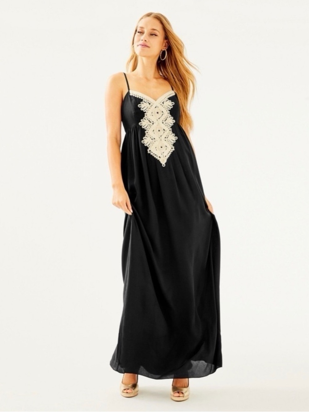 Lilly Pulitzer Kelsea Silk Maxi Dress Onyx Black Gold Strappy 0 $298 Formal